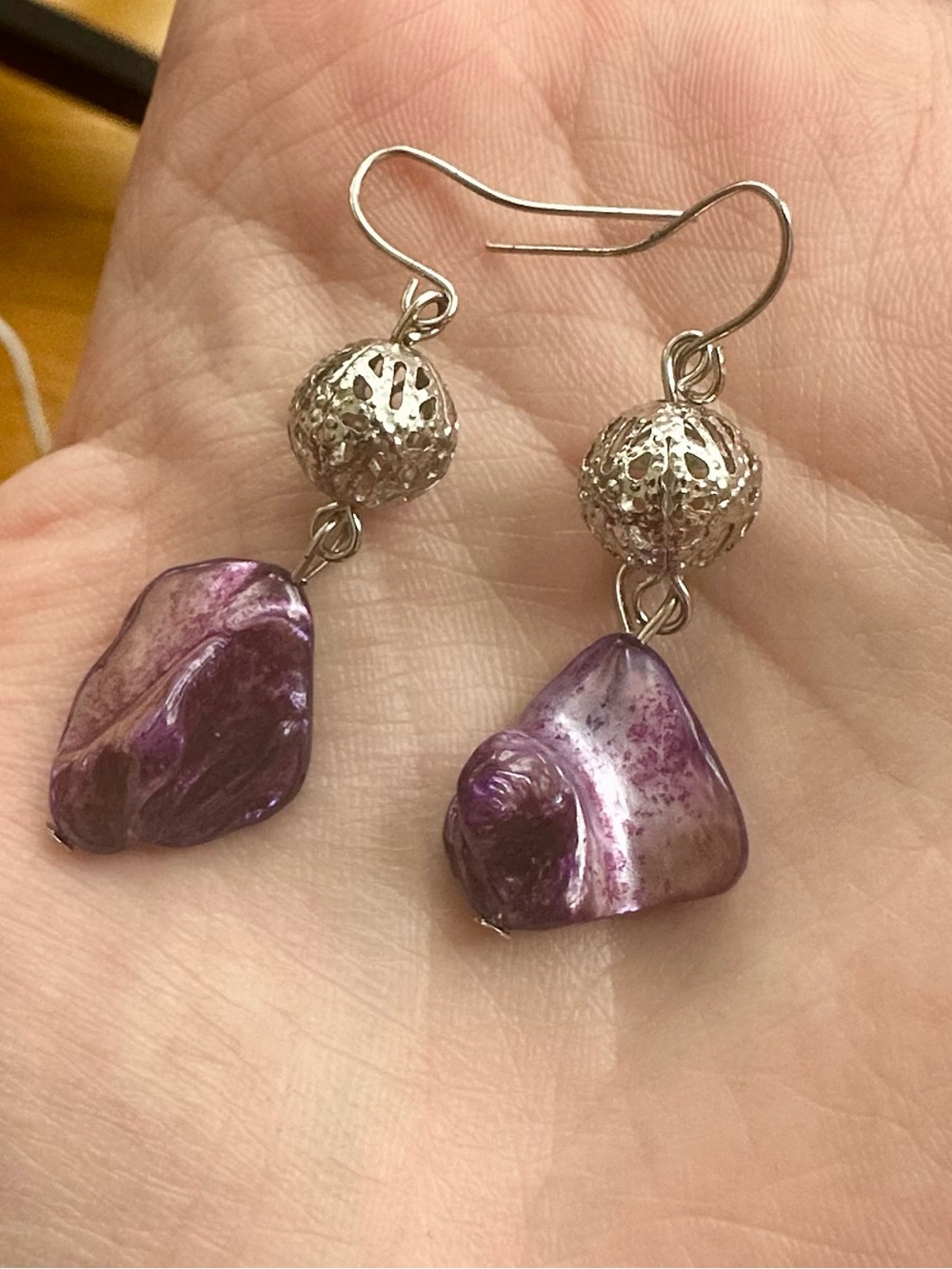 Purple and Silver Ball Shell Textured Dangle Earrings